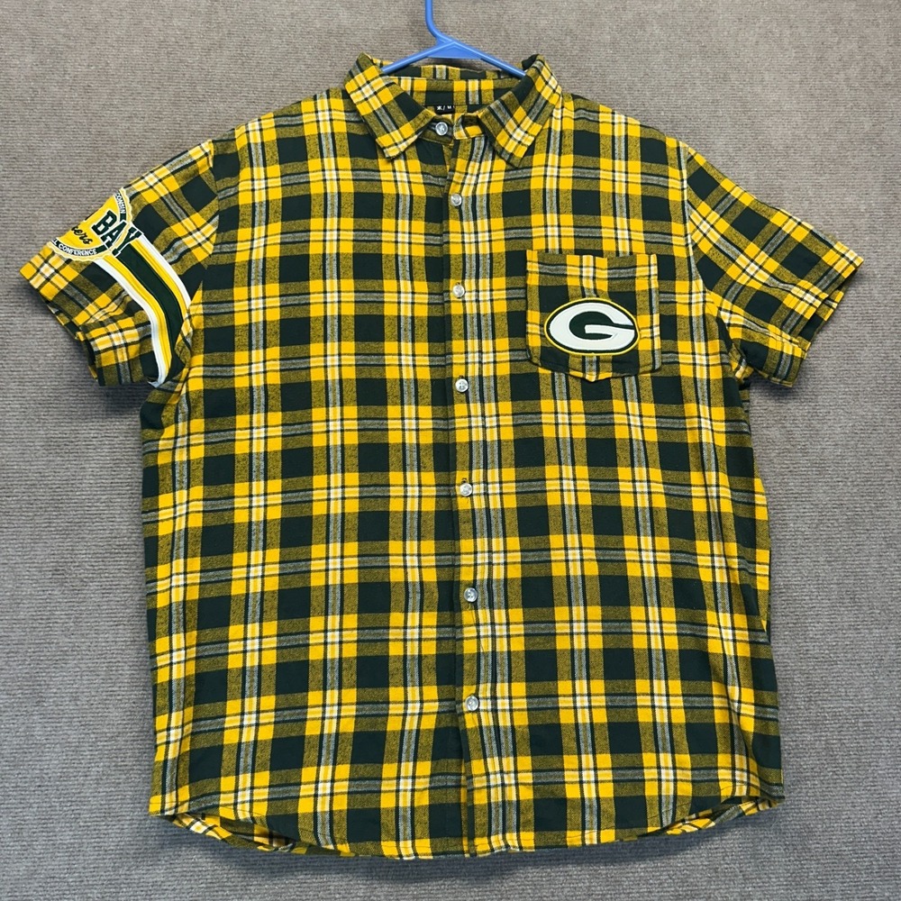 Green Bay Packers Short Sleeve Flannel Shirt Men's Medium Plaid Patch Klew *